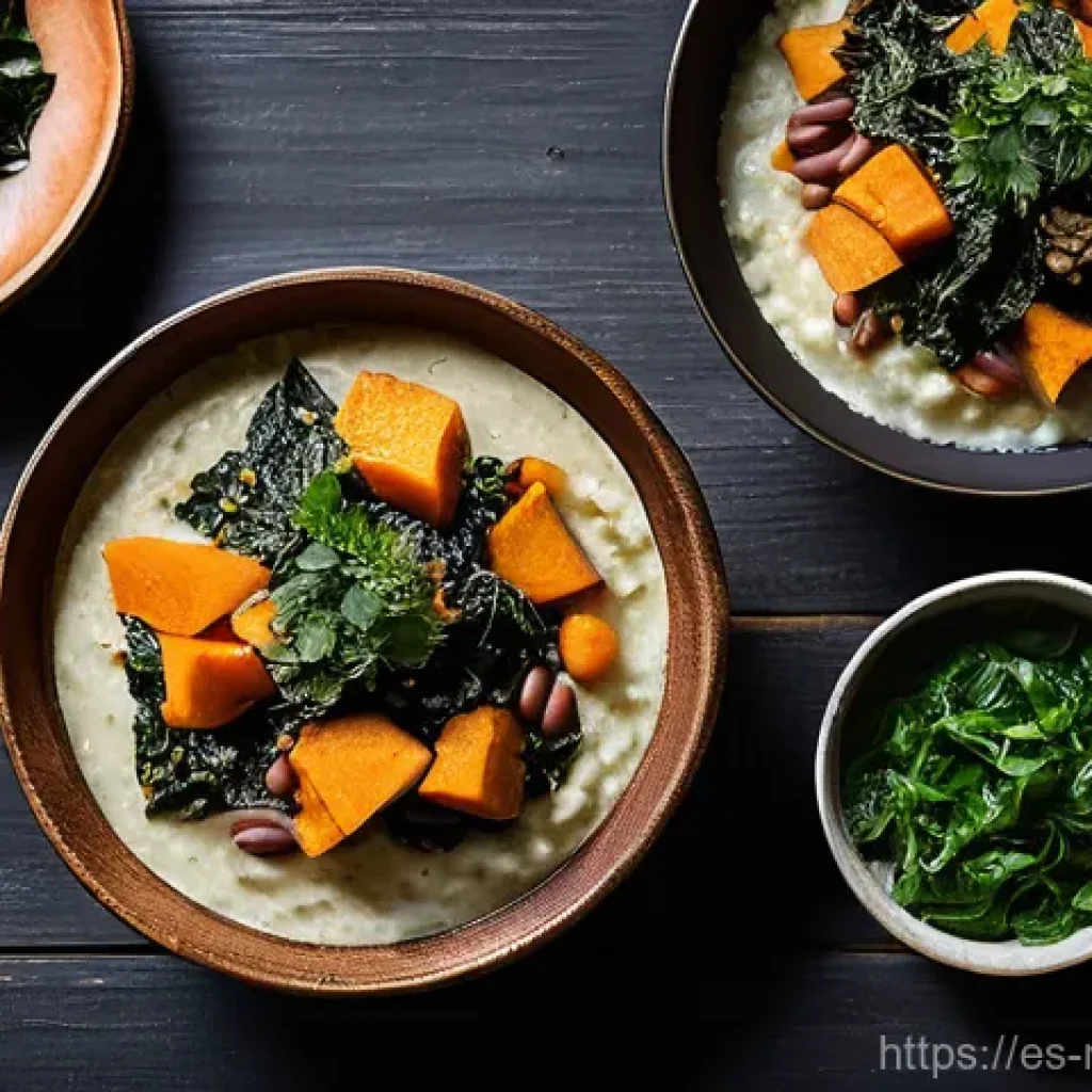 말라위에서의 채식주의자 식사 옵션 - **A vibrant and authentic Malawian plant-based feast.** The central focus is a rustic, hand-carved w...