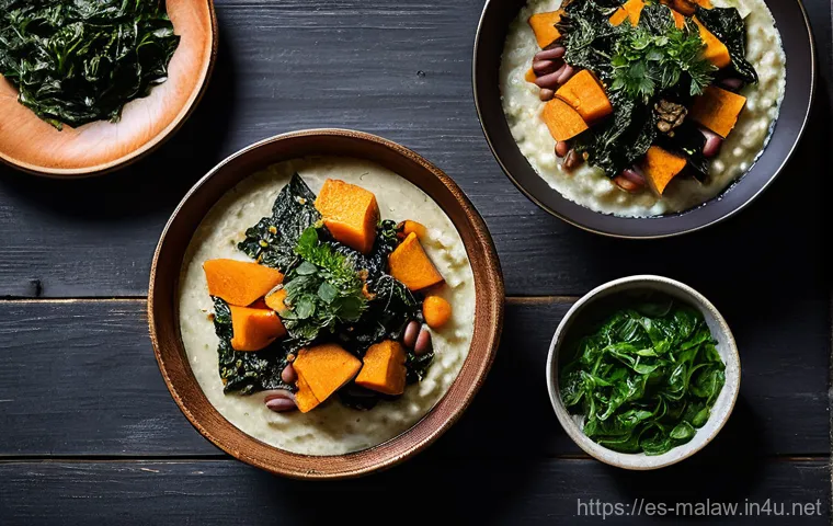 말라위에서의 채식주의자 식사 옵션 - **A vibrant and authentic Malawian plant-based feast.** The central focus is a rustic, hand-carved w...