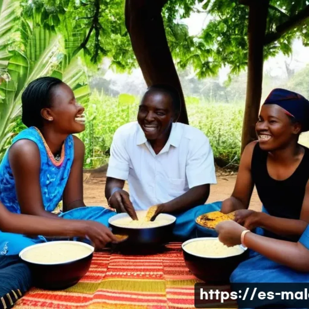 말라위에서 가장 맛있는 길거리 음식 - **"A vibrant and heartwarming scene of a Malawian family or group of friends sharing a meal. At the ...