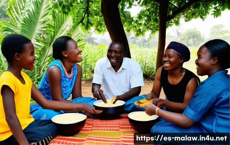 말라위에서 가장 맛있는 길거리 음식 - **"A vibrant and heartwarming scene of a Malawian family or group of friends sharing a meal. At the ...