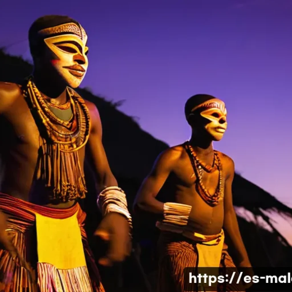 말라위에서 유령 이야기 및 미신 - **Gule Wamkulu Ceremony at Dusk**
    A vibrant and energetic scene depicting the Gule Wamkulu ritua...