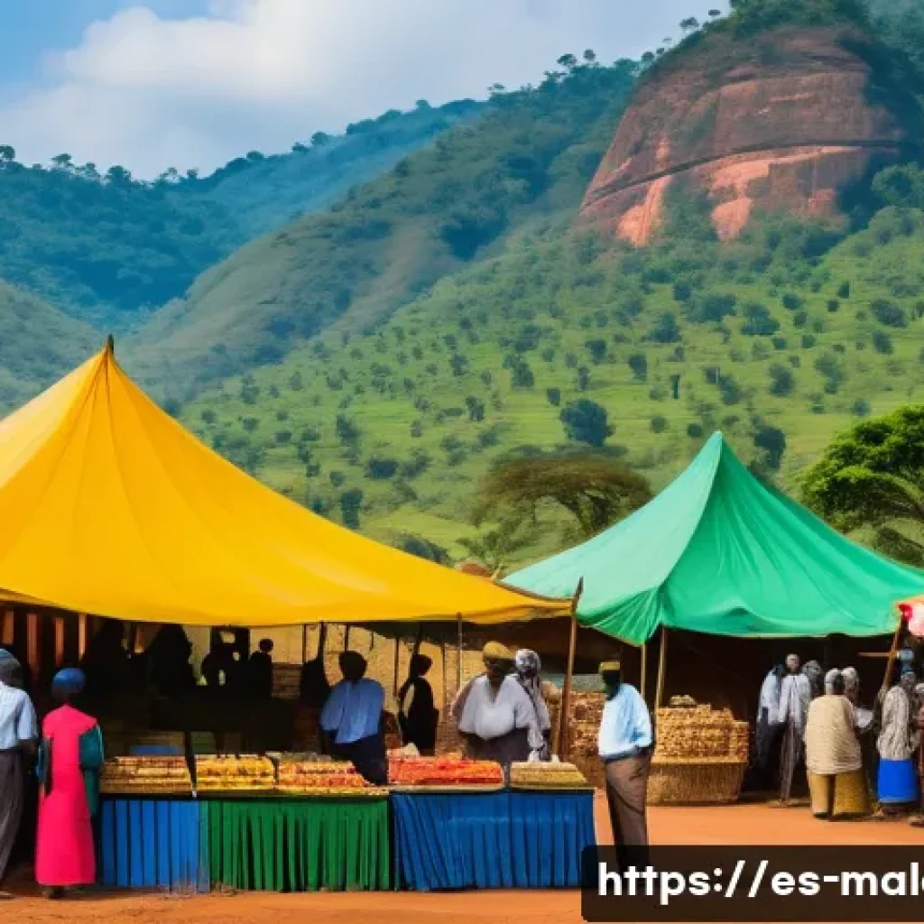 말라위와 영국의 관계 - A vibrant Malawian agricultural market scene showcasing farmers in traditional attire selling tobacc...