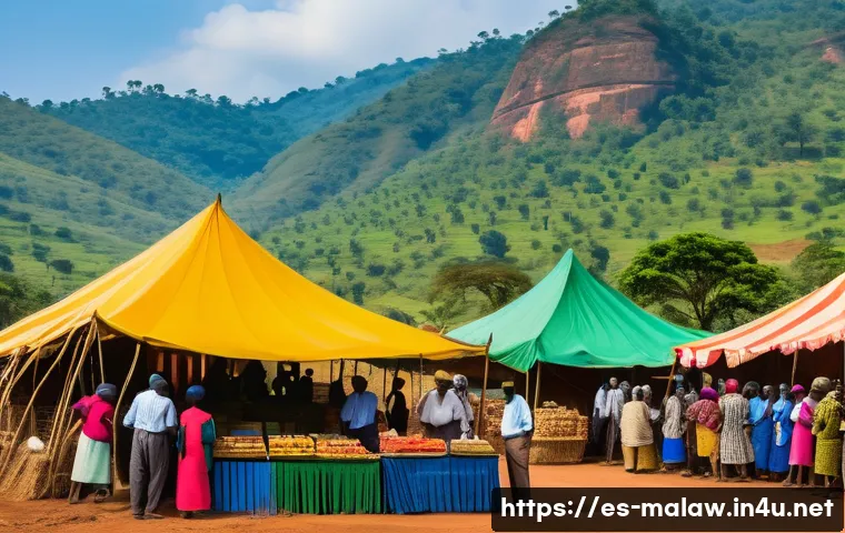 말라위와 영국의 관계 - A vibrant Malawian agricultural market scene showcasing farmers in traditional attire selling tobacc...