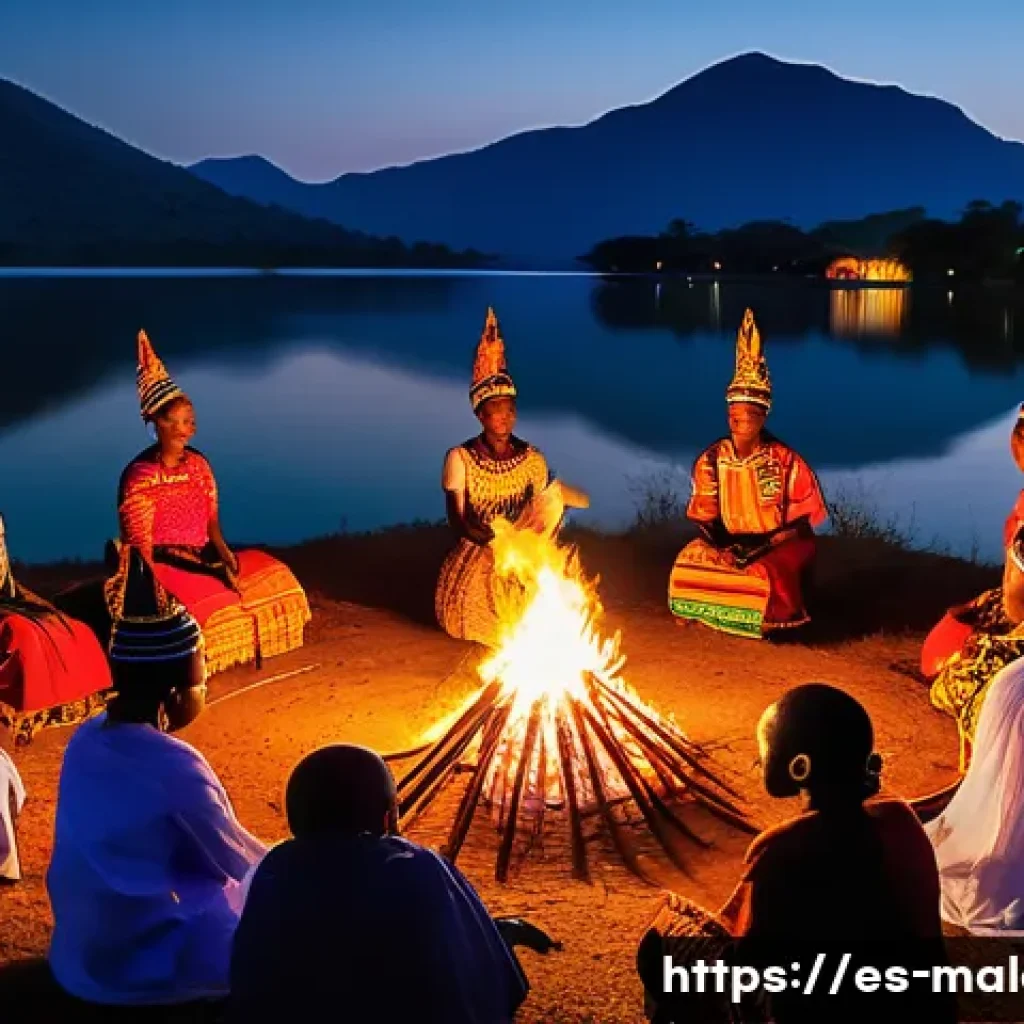 말라위에서 촬영한 다큐멘터리 및 영화 - A vibrant scene depicting a traditional Malawian initiation ceremony set outdoors near a lush lake w...