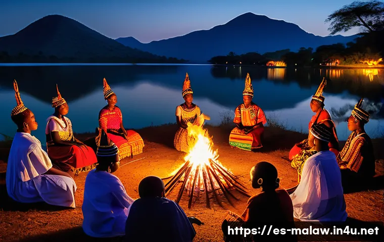 말라위에서 촬영한 다큐멘터리 및 영화 - A vibrant scene depicting a traditional Malawian initiation ceremony set outdoors near a lush lake w...