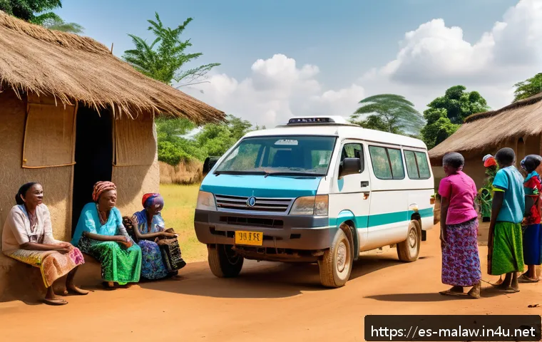 말라위의 NGO 및 국제기구 활동 - A vibrant rural community health scene in Malawi featuring a mobile clinic van parked near tradition...