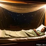 Home 20 말라위 말라리아 예방 - A detailed scene showing a Malawian rural family sleeping peacefully under a fully covered, insectic...