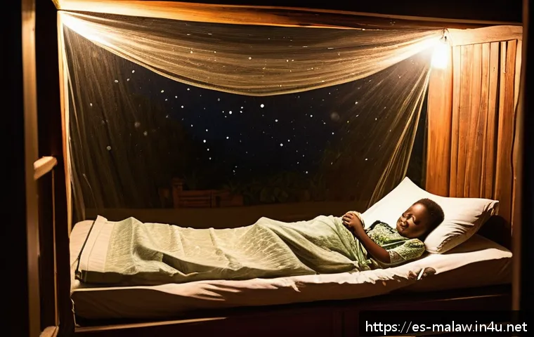 말라위 말라리아 예방 - A detailed scene showing a Malawian rural family sleeping peacefully under a fully covered, insectic...