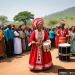 Home 19 말라위에서의 결혼식 전통 및 절차 - A vibrant Malawian wedding scene outdoors during the day, featuring a large joyful community gatheri...
