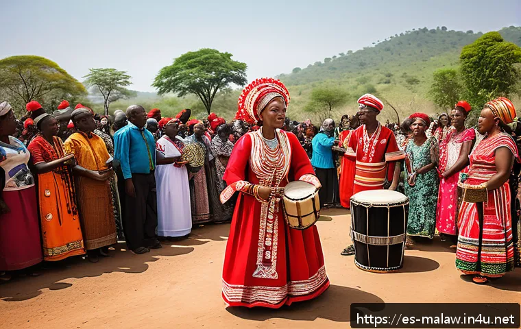 말라위에서의 결혼식 전통 및 절차 - A vibrant Malawian wedding scene outdoors during the day, featuring a large joyful community gatheri...