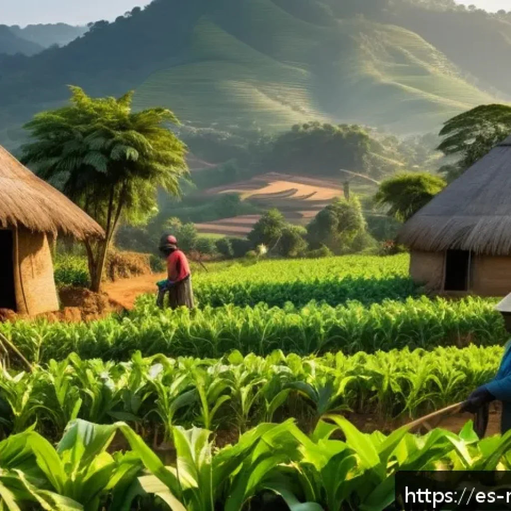 말라위 경제 구조 - A vibrant rural Malawian farming scene during golden hour, showcasing diverse crops like maize, toba...