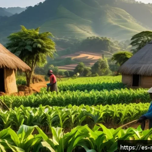Home 17 말라위 경제 구조 - A vibrant rural Malawian farming scene during golden hour, showcasing diverse crops like maize, toba...