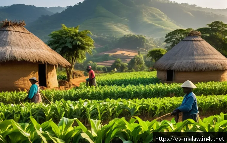 말라위 경제 구조 - A vibrant rural Malawian farming scene during golden hour, showcasing diverse crops like maize, toba...